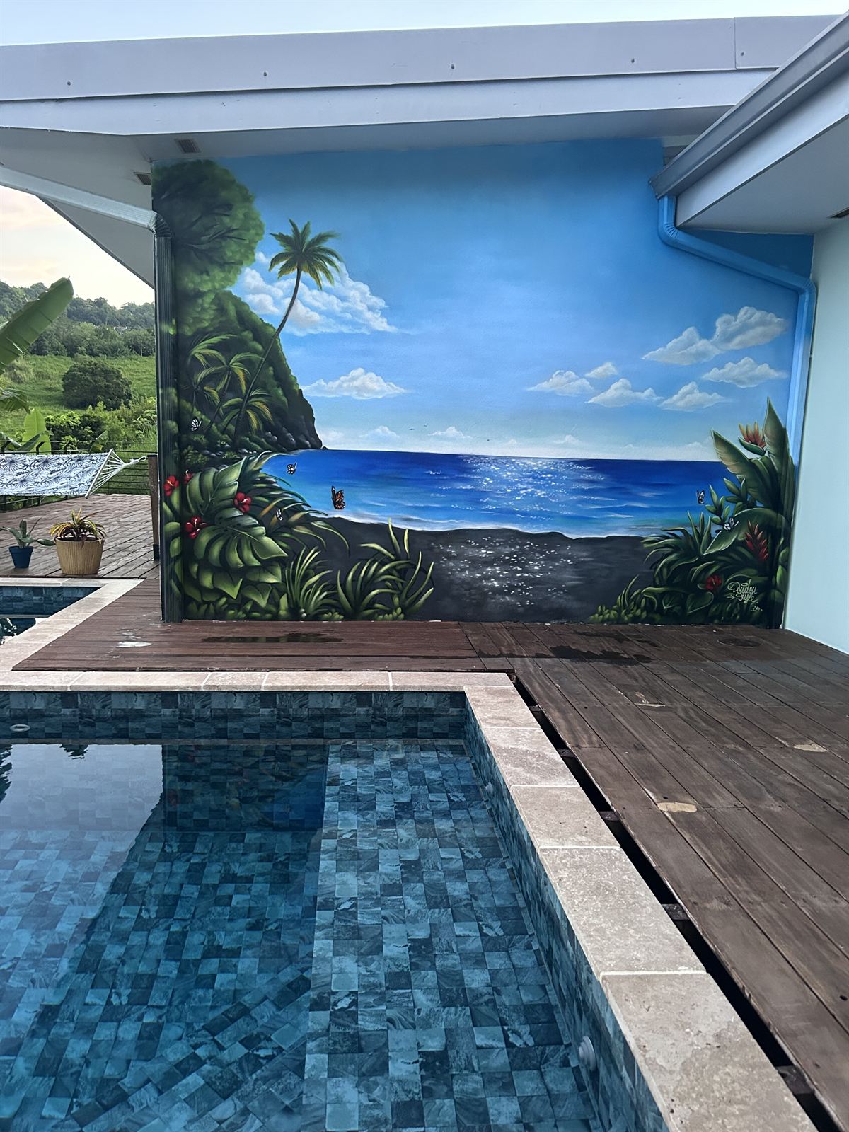 Fresque trompe-l'œil tortue marine et raie — salon particulier